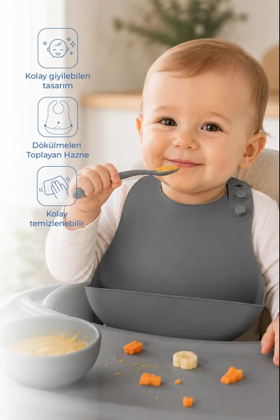 Babyjem 718 Mini Silikon Önlük Gri ürün görseli 1