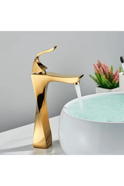 OEM Banyo Çanak Lavabo Bataryası Altın Dore Gold Renk Yeni Kıvrımlı Model 7 Yıl Garantili Ithal ürün görseli 1
