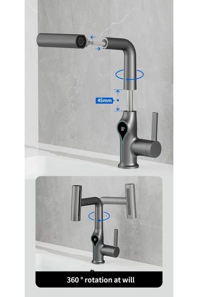 OEM Akıllı Dijital Sıcaklık Led Ekran Banyo Lavabo Bataryası Asansörlü 4 Fonksiyonlu İthal 7 Yıl Garanti ürün görseli 1
