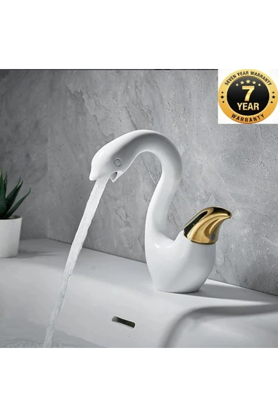 OEM Banyo Lavabo Bataryası Kuğu Model Beyaz/Gold Renk Yeni Ürün Ithal 7 Yıl Garantili İthal ürün görseli 1
