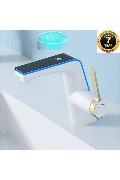 OEM Akıllı Dijital Sıcaklık Led Ekran Banyo Lavabo Bataryası Beyaz Gold 2 Akış Ayarı İthal 7 Yıl Garanti ürün görseli 1