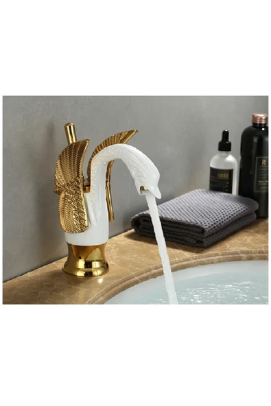 OEM Banyo Lavabo Bataryası Kuğu Model Beyaz / Gold Renk Yeni Ürün Ithal 7 Yıl Garantili İthal ürün görseli 1