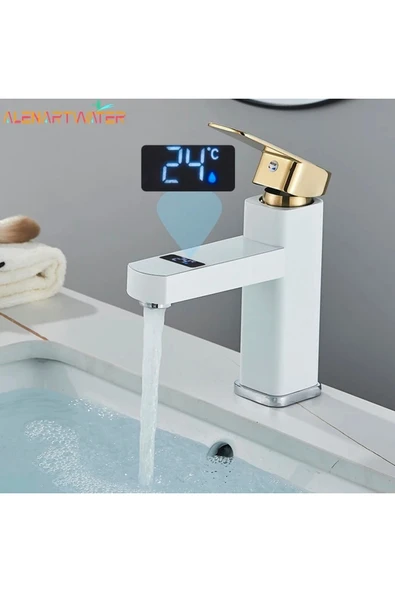 OEM Akıllı Dijital Sıcaklık Led Ekran Banyo Lavabo Bataryası Beyaz Gold İthal 7 Yıl Garantili ürün görseli 1