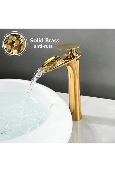 OEM Banyo Çanak Lavabo Bataryası Altın Dore Gold Renk Yeni Şelale Model 7 Yıl Garantili Ithal ürün görseli 1