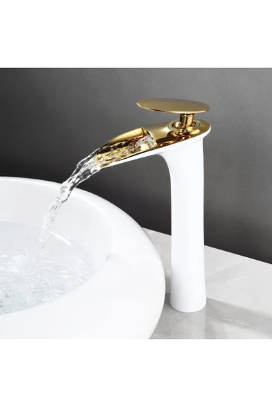 OEM Banyo Çanak Lavabo Bataryası Beyaz / Gold Renk Yeni Şelale Model 7 Yıl Garantili Ithal ürün görseli 1