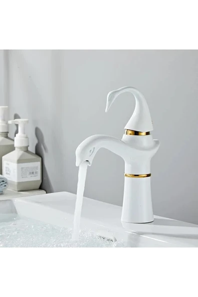 OEM Banyo Lavabo Bataryası Kuğu Model Beyaz / Gold Renk Yeni Ürün Ithal 7 Yıl Garantili İthal ürün görseli 1