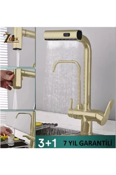 OEM Mutfak Eviye Bataryası Arıtma Çıkışlı Duş Şelale 4 Fonksiyonlu Spiralli İthal 7Yıl Garanti Mat Gold ürün görseli 1