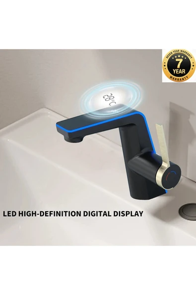OEM Dijital Sıcaklık Led Ekran Göstergeli Banyo Lavabo Bataryası Siyah Gold Renk İthal 7 Yıl Garanti ürün görseli 1