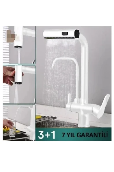 OEM Mutfak Eviye Bataryası Arıtma Çıkışlı Duş Şelale 4 Fonksiyonlu Spiralli İthal 7Yıl Garanti Beyaz ürün görseli 1