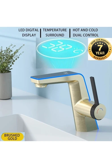 OEM Akıllı Dijital Sıcaklık Led Ekran Banyo Lavabo Bataryası Mat Gold 2 Akış Ayarı İthal 7 Yıl Garanti ürün görseli 1