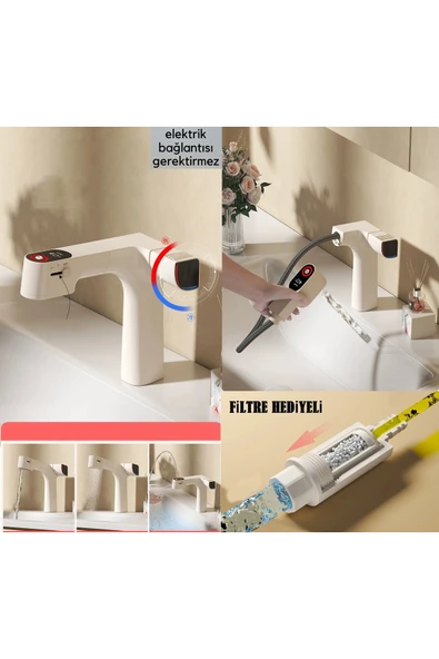 OEM Akıllı Dijital Sıcaklık Led Ekran Banyo Lavabo Bataryası Krem Renk 4 Fonksiyonlu İthal 7 Yıl Garanti ürün görseli 1