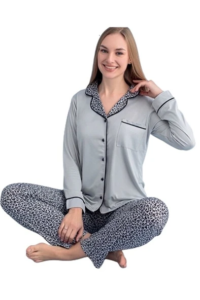 Serafina Eleganza Tasarım Uzun Kol Düğmeli Kadın Pijama Takımı S/2XL Ev Giyim Hediyelik ürün görseli 1