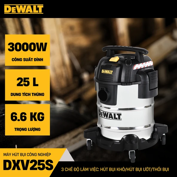 DEWALT DXV25S 1050W 25LT Paslanmaz Islak ve Kuru Elektrikli Süpürge ürün görseli 1