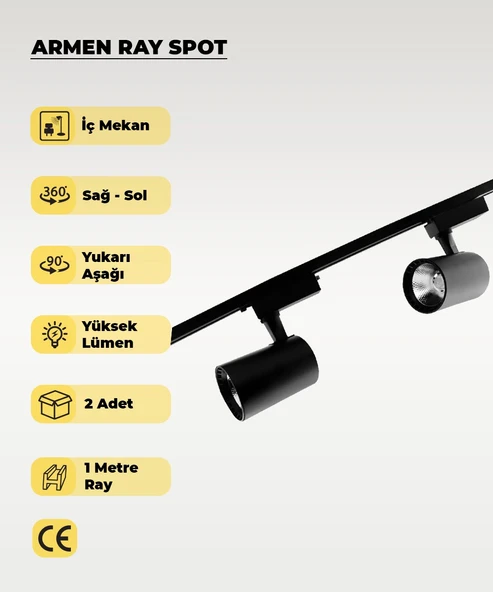Armen 2 Adet Siyah Kasa Günışığı Ray Spot Set  ve 1 Metre Ray Set ürün görseli 1