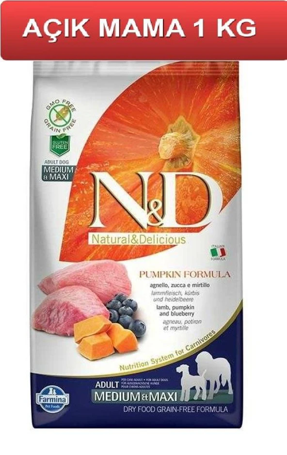 ND Tahılsız Pumpkin Balkabaklı Kuzu Etli Medium Maxi Köpek Maması 1 Kg AÇIK ürün görseli 1