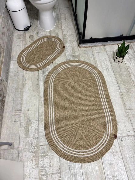 Jüt Hasır 2li Banyo Seti Paspas Takımı-Bej Ortası Aralıklı Beyaz ürün görseli 1
