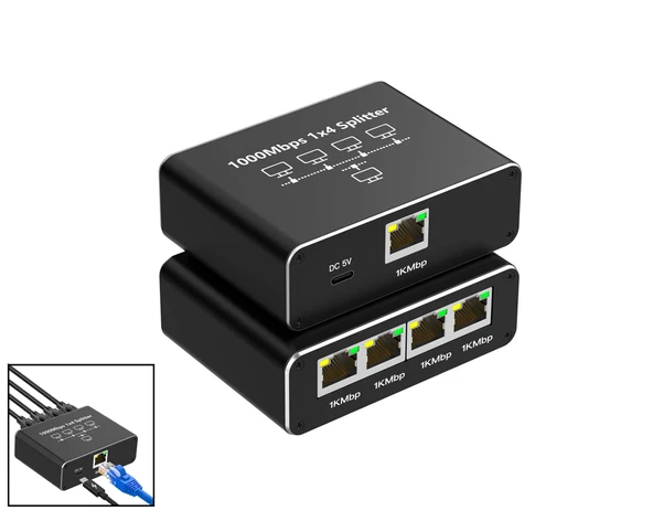 Daytona ZR889 1000Mbps İnternet Hızı, Cat 8, Cat 7, Cat 6 Için Type C Güç Kablosu ile RJ45 Network Splitter Bilgisayarlar, TV'ler, Yönlendiriciler Için Adaptör 1to4 ürün görseli 1