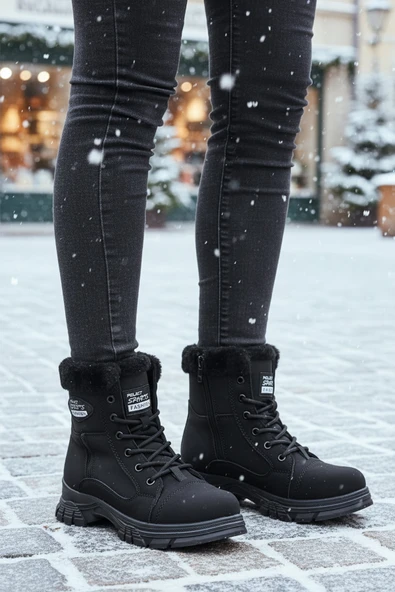 Siyah Fermuarlı Bağcık Detaylı İçi Polarlı Kadın Sneaker Bot ürün görseli 1