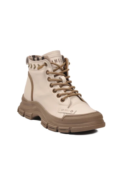 Bej Bağcıklı Kaymaz Taban Kadın Sneaker Bot - Resim 3