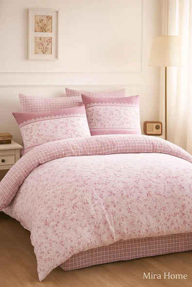 Çift Kişilik Pamuklu Nevresim Takımı Romantic Pink Çiçekli ürün görseli 1