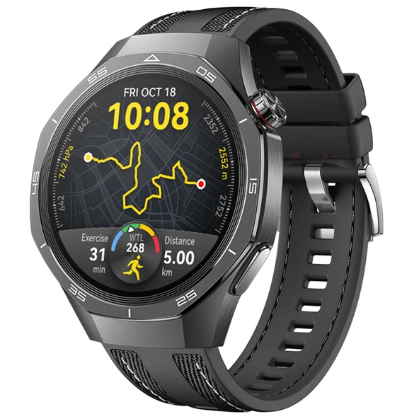 Sneezy Huawei Watch GT5 Pro 46mm ile Uyumlu Metal Tokalı Dikiş Detaylı Şık Dokuma Silikon Kordon  Siyah ürün görseli 1