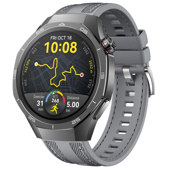 Sneezy Huawei Watch GT5 Pro 46mm ile Uyumlu Metal Tokalı Dikiş Detaylı Şık Dokuma Silikon Kordon  Gri ürün görseli 1