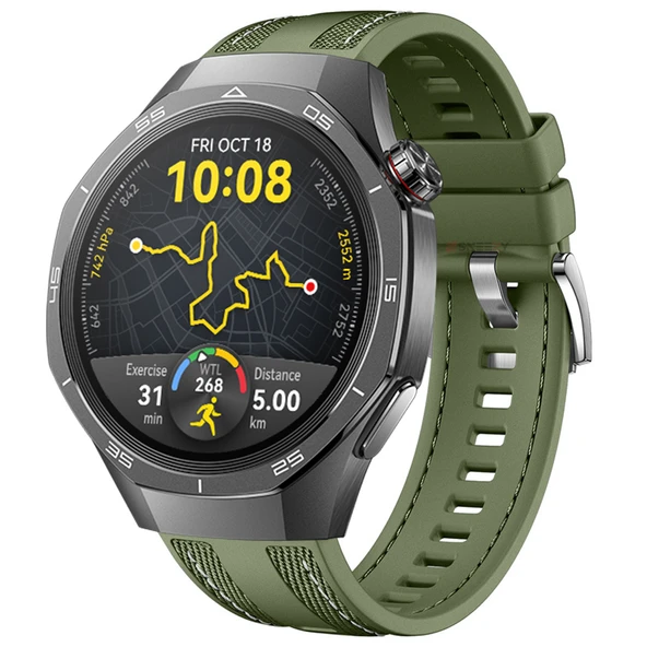Sneezy Huawei Watch GT5 Pro 46mm ile Uyumlu Metal Tokalı Dikiş Detaylı Şık Dokuma Silikon Kordon  Haki ürün görseli 1