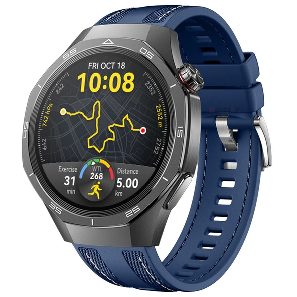 Sneezy Huawei Watch GT5 Pro 46mm ile Uyumlu Metal Tokalı Dikiş Detaylı Şık Dokuma Silikon Kordon  Lacivert ürün görseli 1