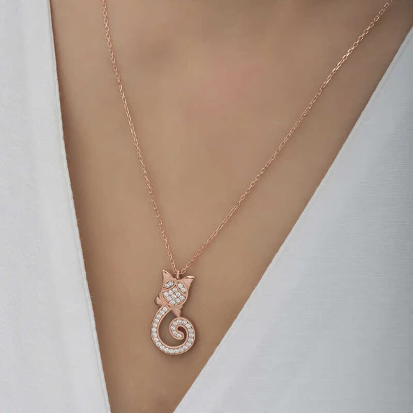 Gümüş Rose Kedi Kadın Kolye - Resim 3