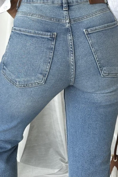  Paçaları Dikişsiz Yüksek Belli Mom Fit Kadın Kot Pantolon  Mavi Jean ürün görseli 1