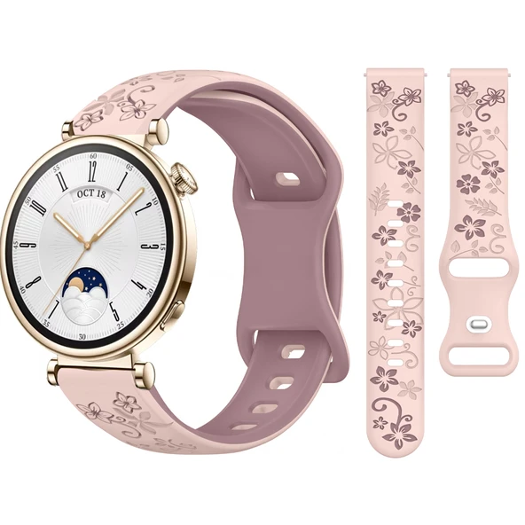 Huawei Watch GT4 41mm Uyumlu FloraFlex Çiçek Desenli Yumuşak Soft Silikon Kordon  Pembe ürün görseli 1