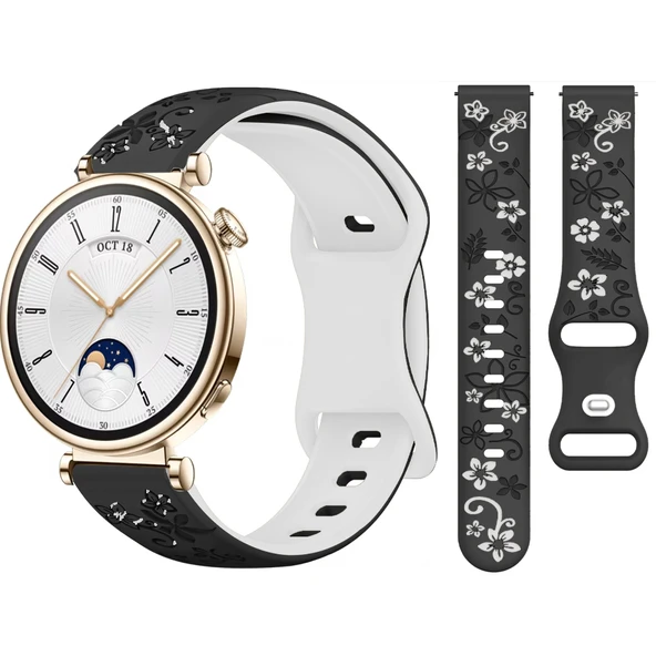 Huawei Watch GT4 41mm Uyumlu FloraFlex Çiçek Desenli Yumuşak Soft Silikon Kordon  Siyah Beyaz ürün görseli 1