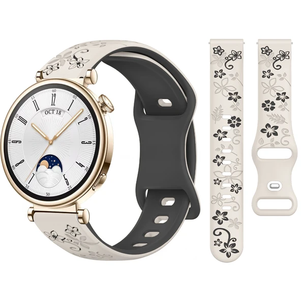 Huawei Watch GT4 41mm Uyumlu FloraFlex Çiçek Desenli Yumuşak Soft Silikon Kordon  Starlight ürün görseli 1