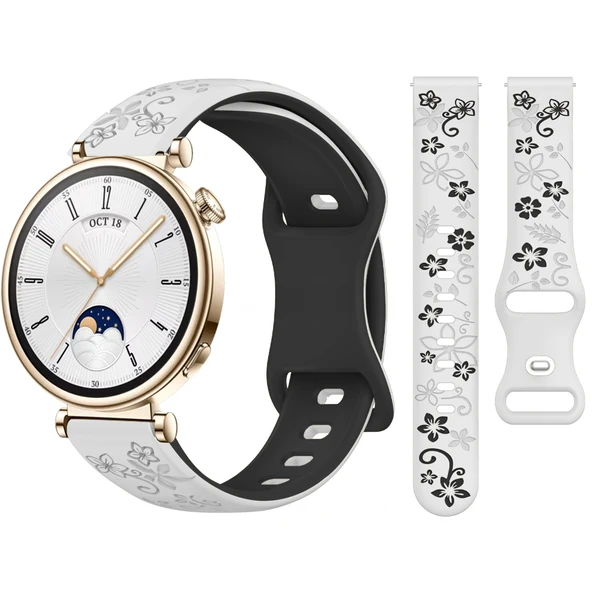 Huawei Watch GT4 41mm Uyumlu FloraFlex Çiçek Desenli Yumuşak Soft Silikon Kordon  Beyaz ürün görseli 1