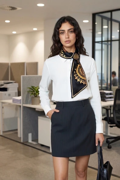 Walkenzo Etnik Altın Mandala Desenli Şık Özel Tasarım Kadın Kravat Fular ürün görseli 1