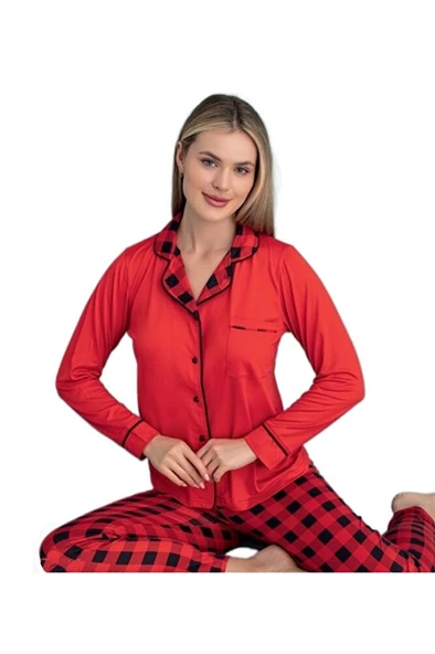Valentina Uzun Kol Düğmeli Kadın Pijama Takımı Ev Giyim Hediyelik ürün görseli 1