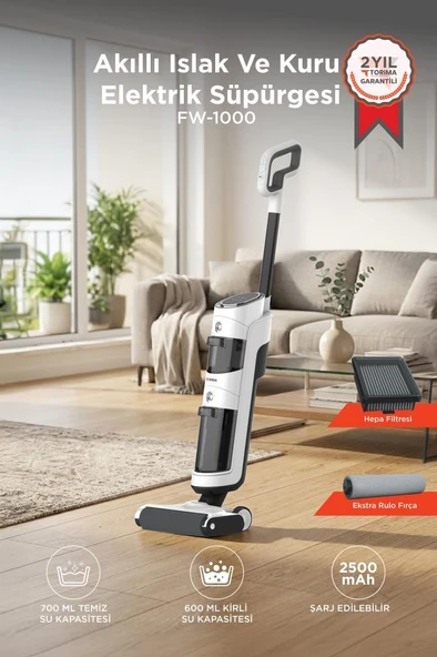 Şarjlı Islak Kuru Dikey Süpürge Yüzey Temizleyici Mop FW1000 Beyaz ürün görseli 1