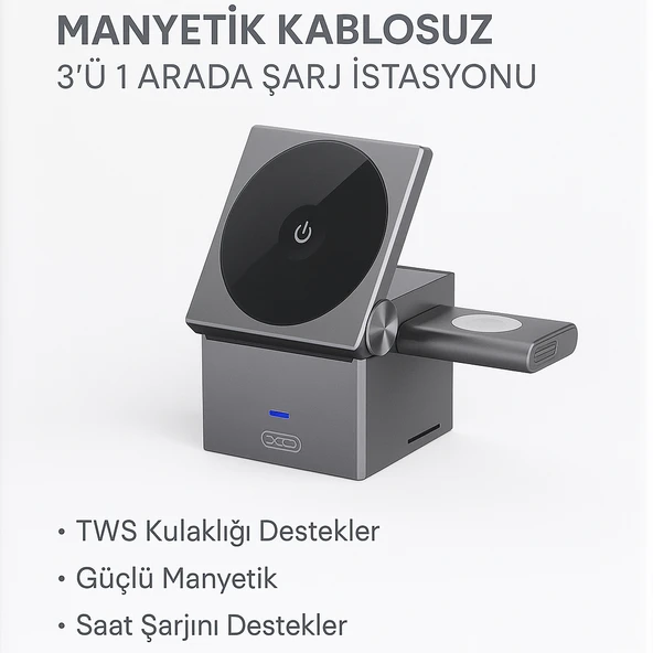 Manyetik Kablosuz 3 ü 1 Arada Şarj İstasyonu 15W Hızlı Şarj, Telefon, Kulaklık ve Akıllı Saat Uyumlu ürün görseli 1