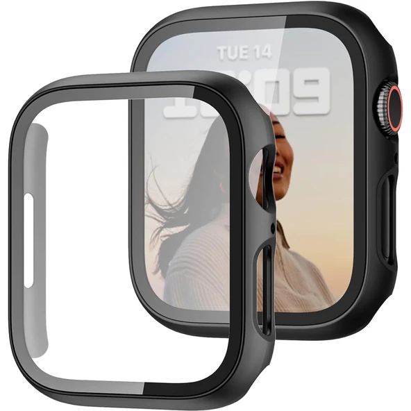 Apple Watch 44MM 4-5-6 SE Seri Uyumlu Starlight 360 Derece Koruma ve Temperli Cam Ekran Koruyucu  Siyah ürün görseli 1