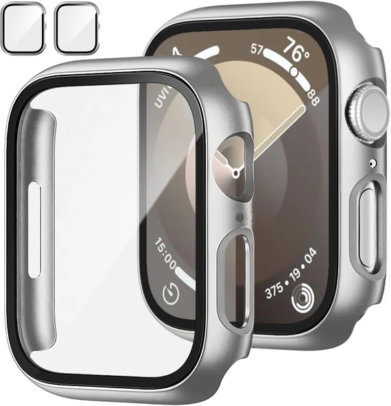 Apple Watch 44MM 4-5-6 SE Seri Uyumlu Starlight 360 Derece Koruma ve Temperli Cam Ekran Koruyucu  Gümüş ürün görseli 1