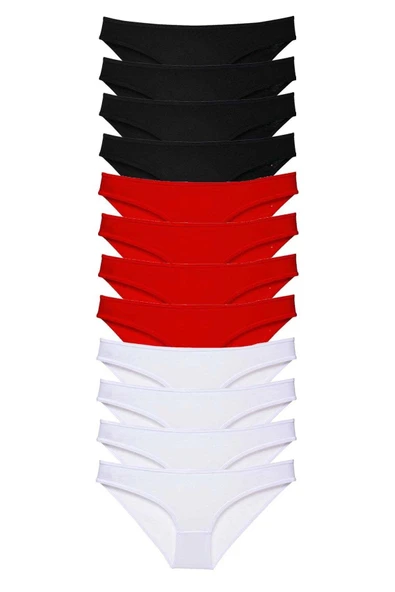 12 adet Süper Eko Set Likralı Kadın Slip Külot Siyah Kırmızı Beyaz ürün görseli 1