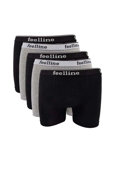 5 adet Feelline Siyah ve Gri Pamuklu Doğal Likralı Erkek Boxer ürün görseli 1