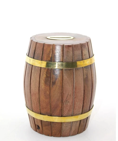 Pirinç Ahşap Fıçı Kumbara 12.5 Cm Wb535 ürün görseli 1