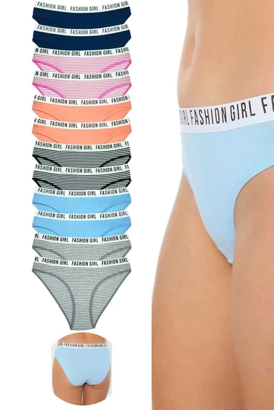 12 Adet Beli Yazılı Lastik Pamuk Kadın Külot ürün görseli 1