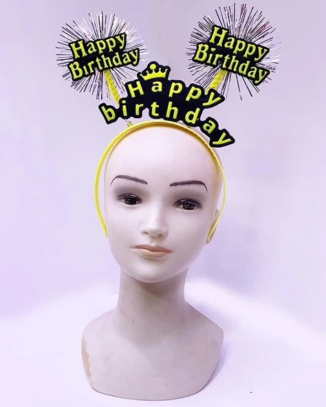 Happy Birthday Püsküllü Neon Sarı Renk Doğum Günü Tacı 22x19 Cm ürün görseli 1