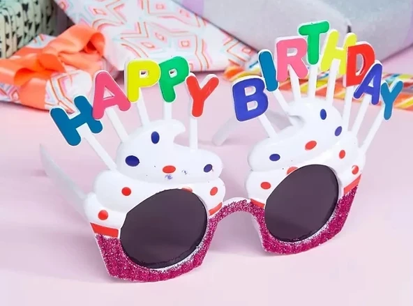Happy Birthday Yazılı Beyaz Fuşya Renk Parti Gözlüğü 12x7 Cm ürün görseli 1