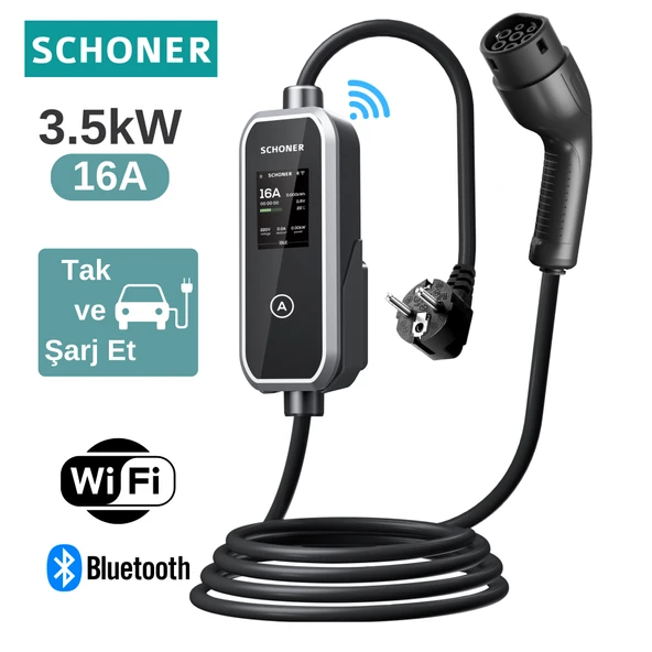 Schoner 3.5kw Taşınabilir Elektrikli Araç Şarj Istasyonu -Tak ve Şarj Et- Wi-Fi / Bluetooth Smart 5 Metre Tip2 Kablolu ürün görseli 1