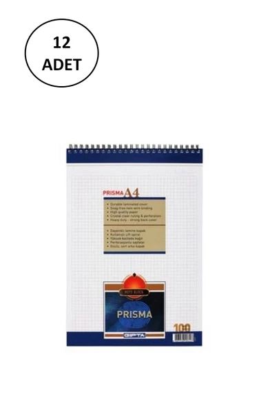 Gıpta Prisma Bloknot A-4 Spiralli Karton Kapak 100 Yaprak Kareli 12 Adet ürün görseli 1