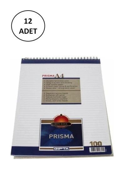 Gıpta Prisma Bloknot A-4 Spiralli Karton Kapak 100 Yaprak Çizgili 12 Adet ürün görseli 1