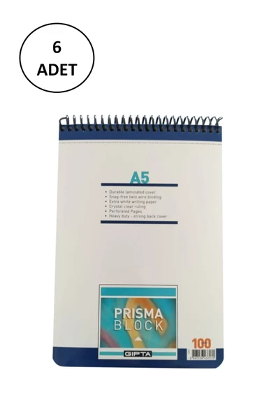 Gıpta Prisma Bloknot A-5 Spiralli Karton Kapak 100 Yaprak Düz 6 Adet ürün görseli 1